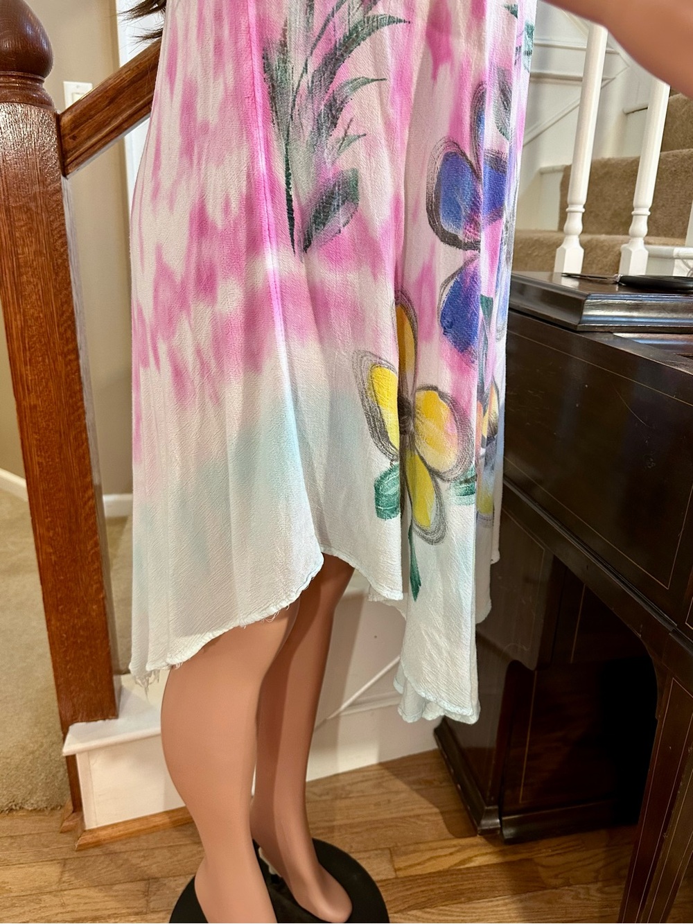 Sleeveless Floral Tie-Dye Swing Dress in Pink, Blue & Yellow - Picture 10 of 14
